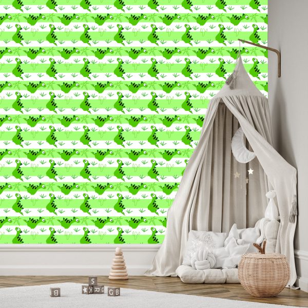 Behang Voor Kinderen - Dinosaurussen Op De Groen - Witte Strepen Achtergrond - Afbeelding 3