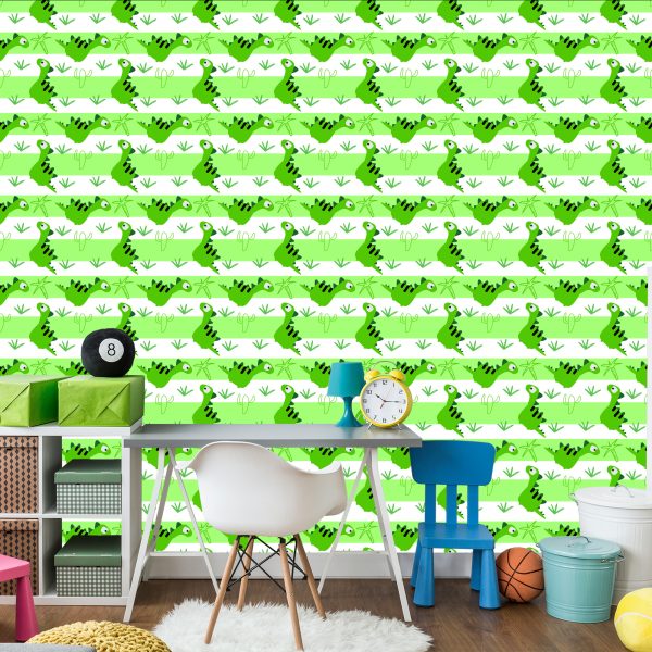 Behang Voor Kinderen - Dinosaurussen Op De Groen - Witte Strepen Achtergrond - Afbeelding 4