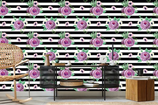 Behang Mooie Rozen, Anemonen En Bladeren - Afbeelding 5