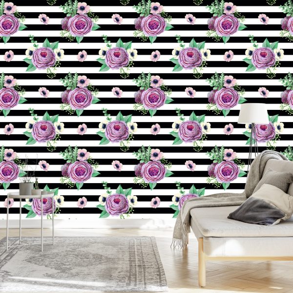 Behang Mooie Rozen, Anemonen En Bladeren - Afbeelding 3