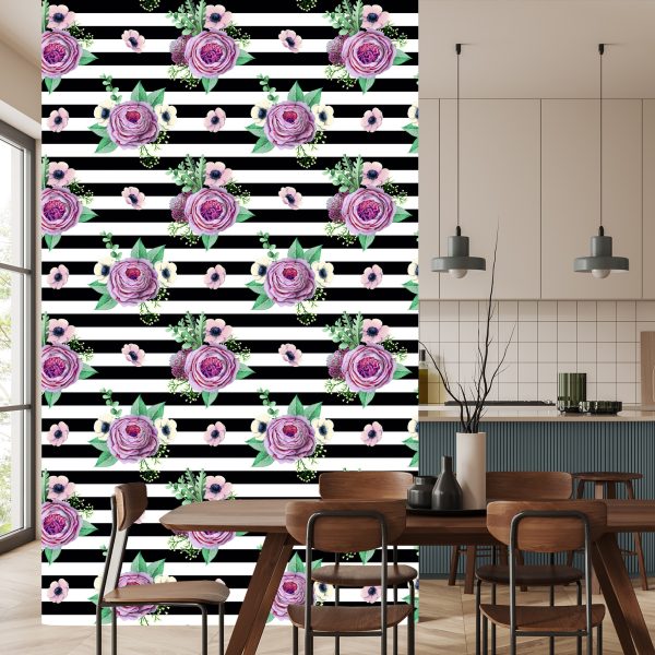 Behang Mooie Rozen, Anemonen En Bladeren - Afbeelding 4