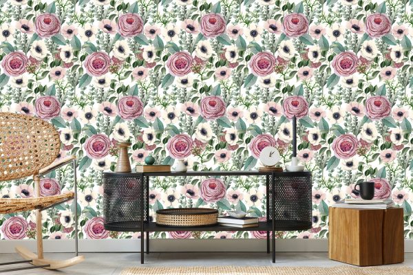 Behang Rozen, Anemonen En Eucalyptusbladeren - Afbeelding 5
