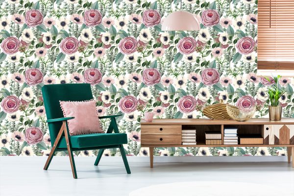 Behang Rozen, Anemonen En Eucalyptusbladeren - Afbeelding 6