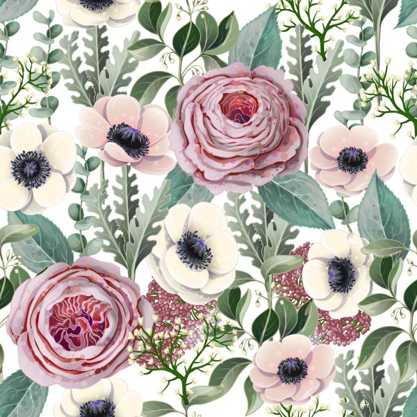 Behang Rozen, Anemonen En Eucalyptusbladeren - Afbeelding 2