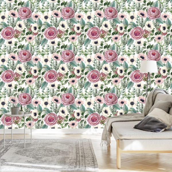 Behang Rozen, Anemonen En Eucalyptusbladeren - Afbeelding 3