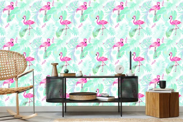 Behang Flamingo's En Exotische Bladeren In Pastelkleuren - Afbeelding 5