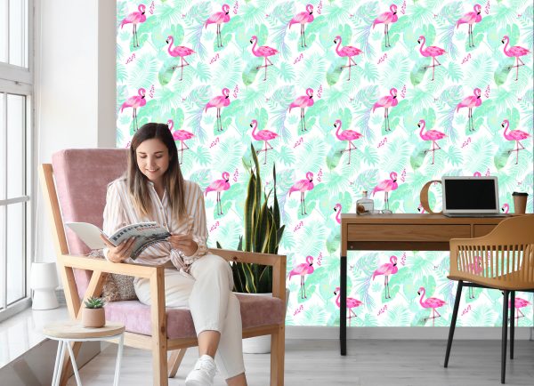 Behang Flamingo's En Exotische Bladeren In Pastelkleuren - Afbeelding 7