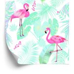 Behang Flamingo's En Exotische Bladeren In Pastelkleuren