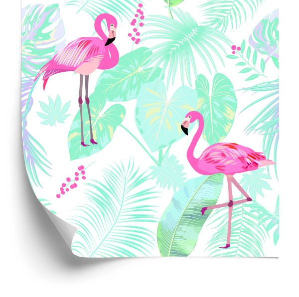 Behang Flamingo's En Exotische Bladeren In Pastelkleuren