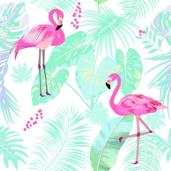 Behang Flamingo's En Exotische Bladeren In Pastelkleuren - Afbeelding 2