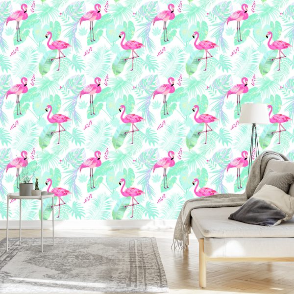 Behang Flamingo's En Exotische Bladeren In Pastelkleuren - Afbeelding 3