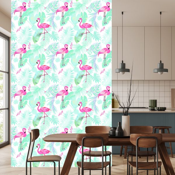 Behang Flamingo's En Exotische Bladeren In Pastelkleuren - Afbeelding 4