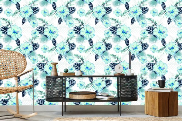 Behang Hibiscus Bloemen En Bladeren - Afbeelding 5