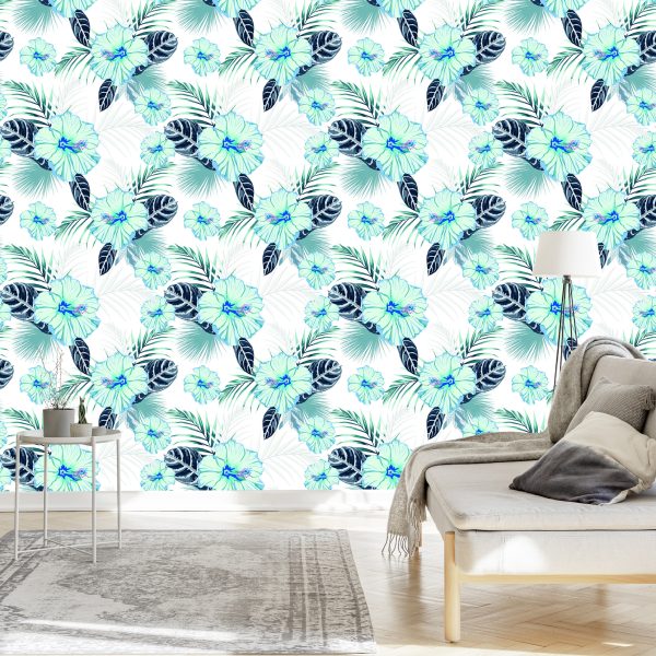 Behang Hibiscus Bloemen En Bladeren - Afbeelding 3
