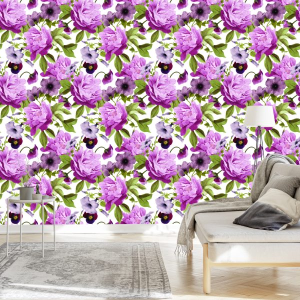 Behang Viooltjes, Morning Glory En Pioenrozen - Afbeelding 3