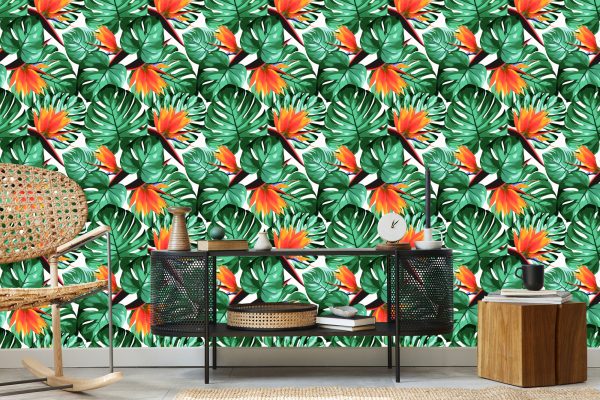 Behang Tropische Bladeren En Bloemen - Afbeelding 5