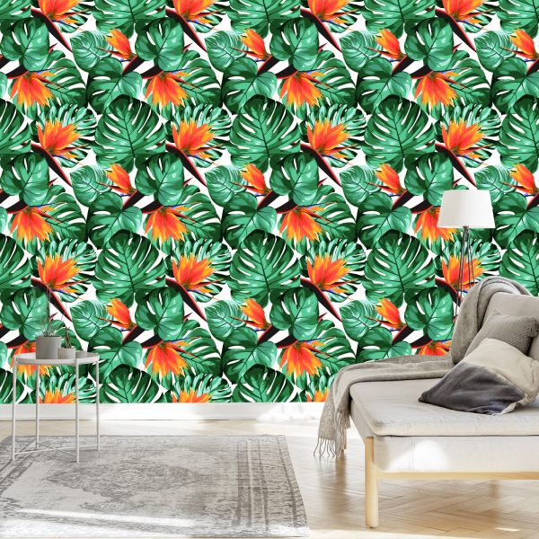 Behang Tropische Bladeren En Bloemen - Afbeelding 3