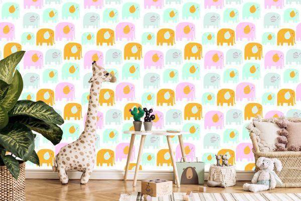 Behang Voor Kinderen - Vrolijke Olifanten In Pastelkleuren - Afbeelding 5