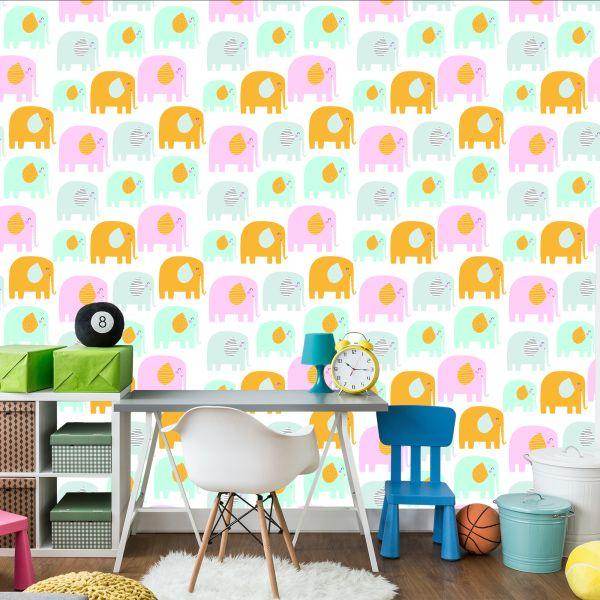 Behang Voor Kinderen - Vrolijke Olifanten In Pastelkleuren - Afbeelding 4