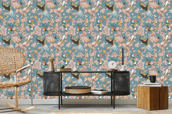 Behang Bladeren, Bloemen En Exotische Vogels - Afbeelding 5