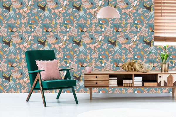 Behang Bladeren, Bloemen En Exotische Vogels - Afbeelding 6