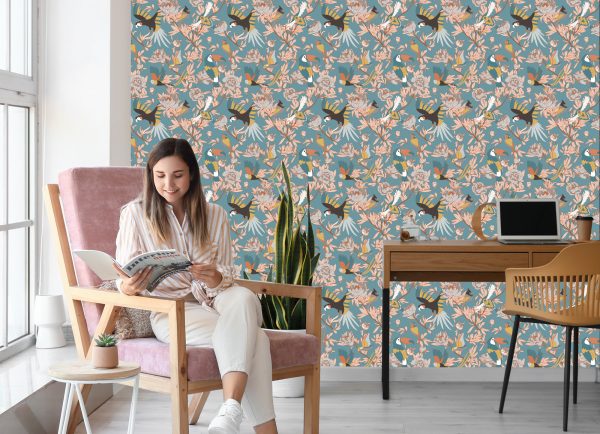 Behang Bladeren, Bloemen En Exotische Vogels - Afbeelding 7