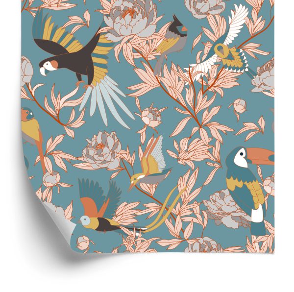 Behang Bladeren, Bloemen En Exotische Vogels