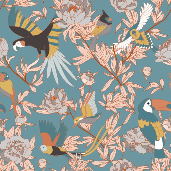 Behang Bladeren, Bloemen En Exotische Vogels - Afbeelding 2