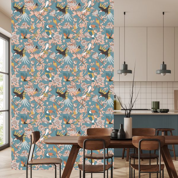 Behang Bladeren, Bloemen En Exotische Vogels - Afbeelding 4