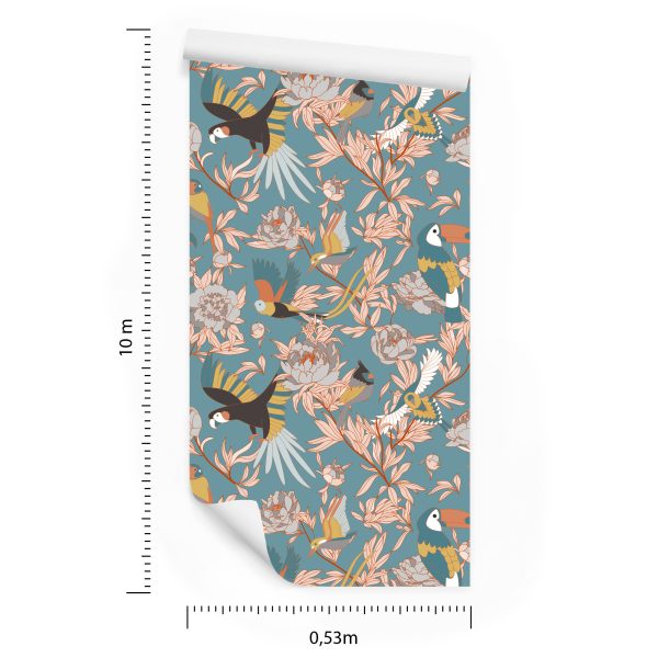 Behang Bladeren, Bloemen En Exotische Vogels - Afbeelding 8