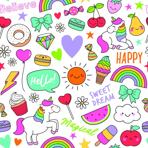 Behang Voor Kinderen - Eenhoorns, Fruit, Snoep En Wolken - Afbeelding 2