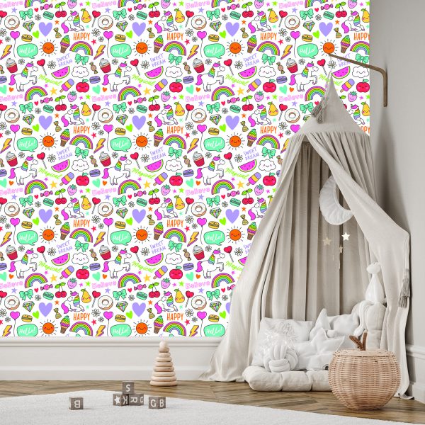 Behang Voor Kinderen - Eenhoorns, Fruit, Snoep En Wolken - Afbeelding 3