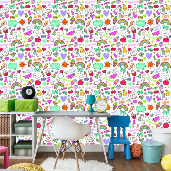 Behang Voor Kinderen - Eenhoorns, Fruit, Snoep En Wolken - Afbeelding 4