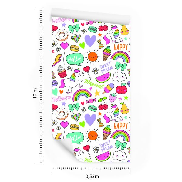 Behang Voor Kinderen - Eenhoorns, Fruit, Snoep En Wolken - Afbeelding 8
