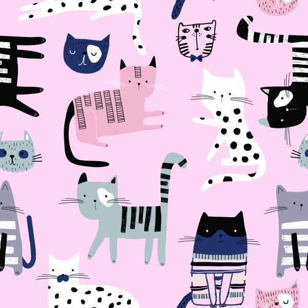Behang Voor Kinderen - Kleurrijke Kittens Op Een Roze Achtergrond - Afbeelding 2