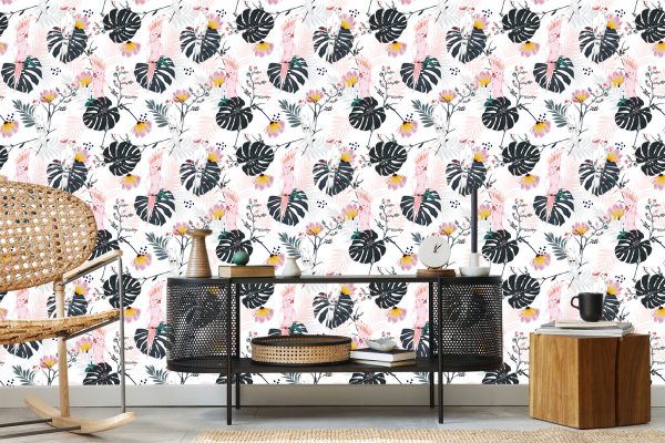 Behang Papegaaien En Tropische Bladeren En Bloemen - Afbeelding 5