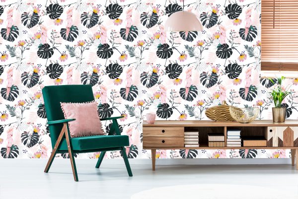 Behang Papegaaien En Tropische Bladeren En Bloemen - Afbeelding 6