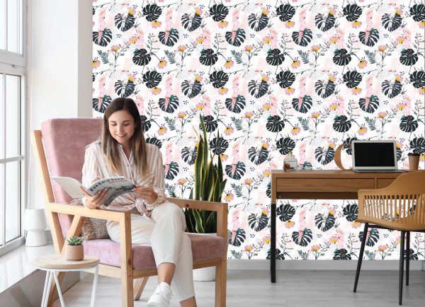 Behang Papegaaien En Tropische Bladeren En Bloemen - Afbeelding 7