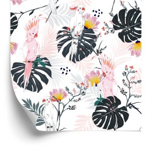 Behang Papegaaien En Tropische Bladeren En Bloemen