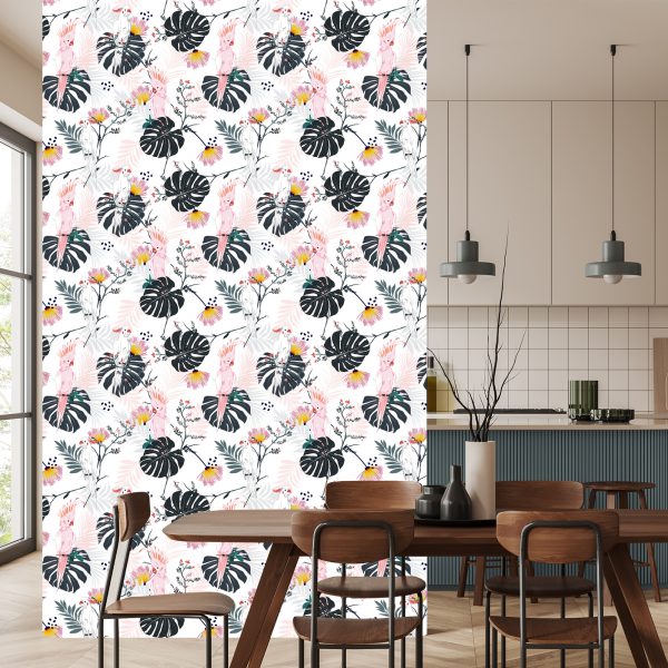 Behang Papegaaien En Tropische Bladeren En Bloemen - Afbeelding 4