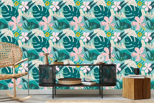 Behang Tropisch - Trendy Kleurrijke Bladeren En Bloemen - Afbeelding 5