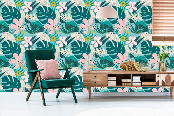 Behang Tropisch - Trendy Kleurrijke Bladeren En Bloemen - Afbeelding 6