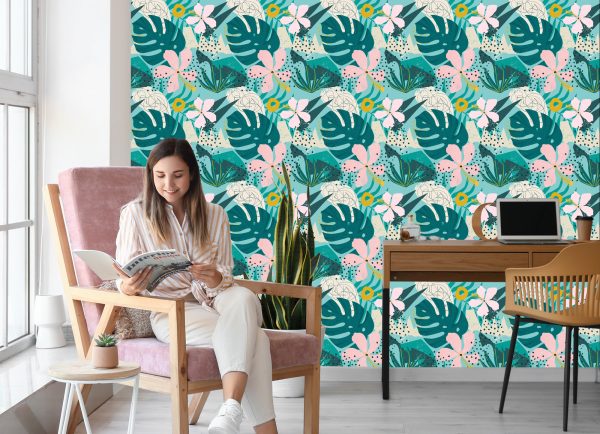 Behang Tropisch - Trendy Kleurrijke Bladeren En Bloemen - Afbeelding 7