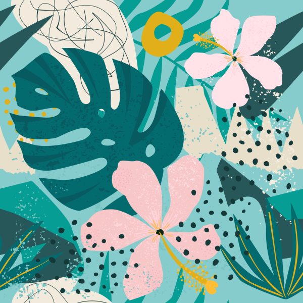 Behang Tropisch - Trendy Kleurrijke Bladeren En Bloemen - Afbeelding 2