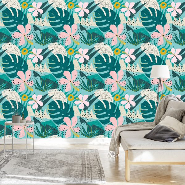 Behang Tropisch - Trendy Kleurrijke Bladeren En Bloemen - Afbeelding 3