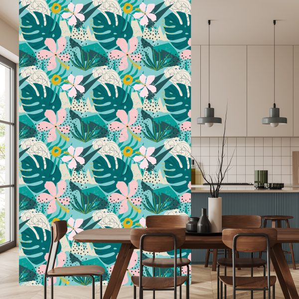 Behang Tropisch - Trendy Kleurrijke Bladeren En Bloemen - Afbeelding 4