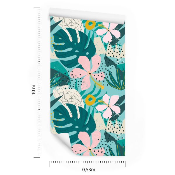 Behang Tropisch - Trendy Kleurrijke Bladeren En Bloemen - Afbeelding 8