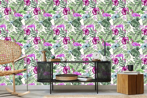 Behang Tropisch - Flamingo's Bladeren En Bloemen - Afbeelding 5