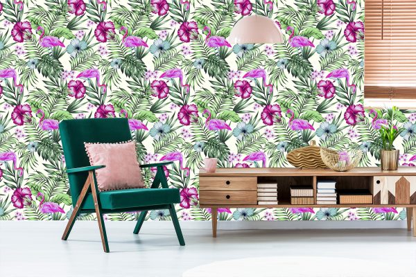 Behang Tropisch - Flamingo's Bladeren En Bloemen - Afbeelding 6