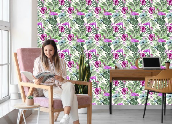 Behang Tropisch - Flamingo's Bladeren En Bloemen - Afbeelding 7